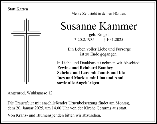 Traueranzeige von Susanne Kammer von Oberhessische Zeitung, 