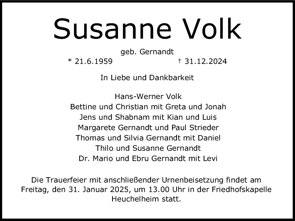  Traueranzeige für Susanne Volk vom 25.01.2025 aus Giessener Allgemeine, Alsfelder Allgemeine