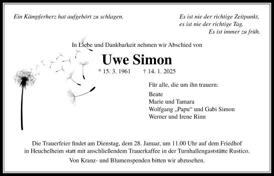 Traueranzeige von Uwe Simon von Giessener Allgemeine, Alsfelder Allgemeine, Giessener Anzeiger