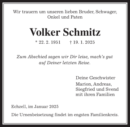 Traueranzeige von Volker Schmitz von Wetterauer Zeitung
