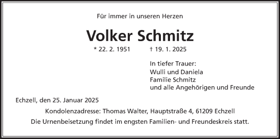 Traueranzeige von Volker Schmitz von Wetterauer Zeitung