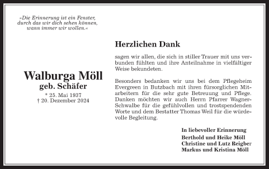 Traueranzeige von Walburga Möll von Butzbacher Zeitung