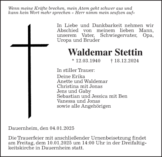 Traueranzeige von Waldemar Stettin von Kreis-Anzeiger