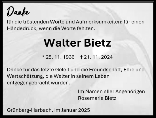 Traueranzeige von Walter Bietz von Licher Wochenblatt