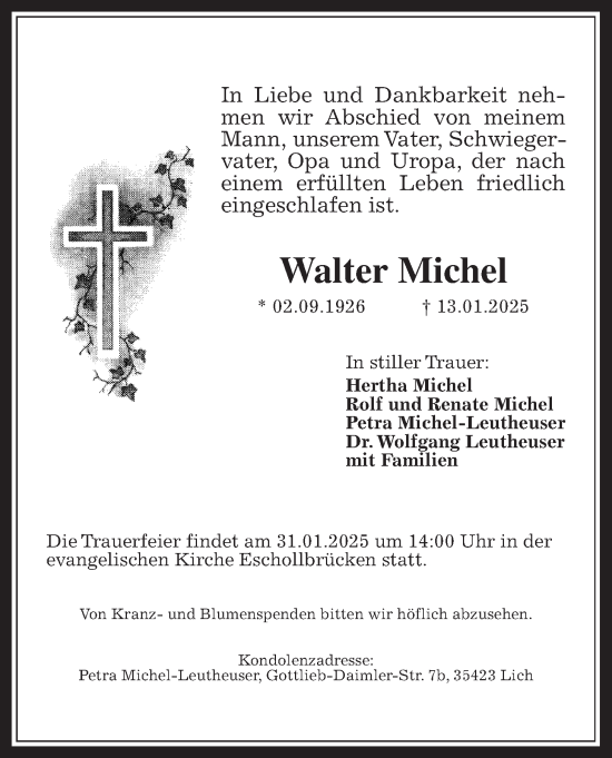 Traueranzeige von Walter Michel von Giessener Allgemeine, Alsfelder Allgemeine, Giessener Anzeiger