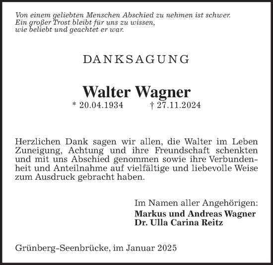 Traueranzeige von Walter Wagner von Giessener Allgemeine, Alsfelder Allgemeine