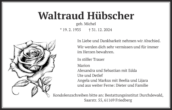 Traueranzeige von Waltraud Hübscher von Wetterauer Zeitung