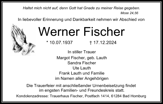 Traueranzeige von Werner Fischer von Usinger Anzeiger
