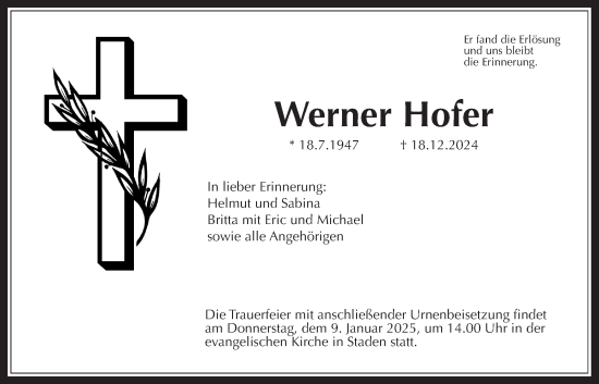 Traueranzeige von Werner Hofer von Wetterauer Zeitung