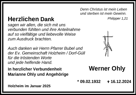 Traueranzeige von Werner Ohly von Pohlheimer Nachrichten