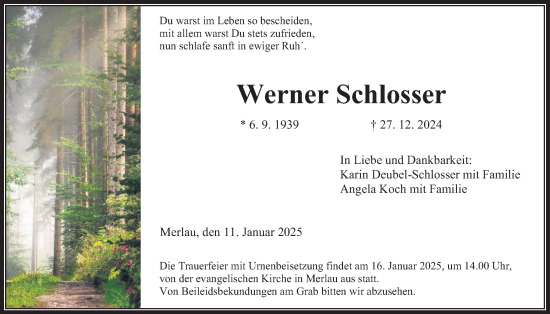 Traueranzeige von Werner Schlosser von Giessener Allgemeine, Alsfelder Allgemeine