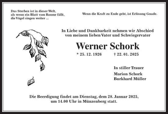 Traueranzeige von Werner Schork von Butzbacher Zeitung