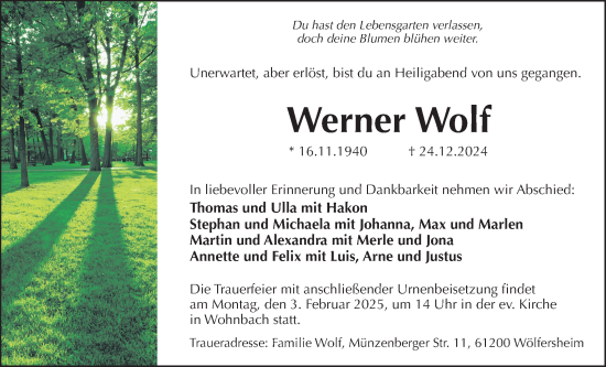 Traueranzeige von Werner Wolf von Wetterauer Zeitung