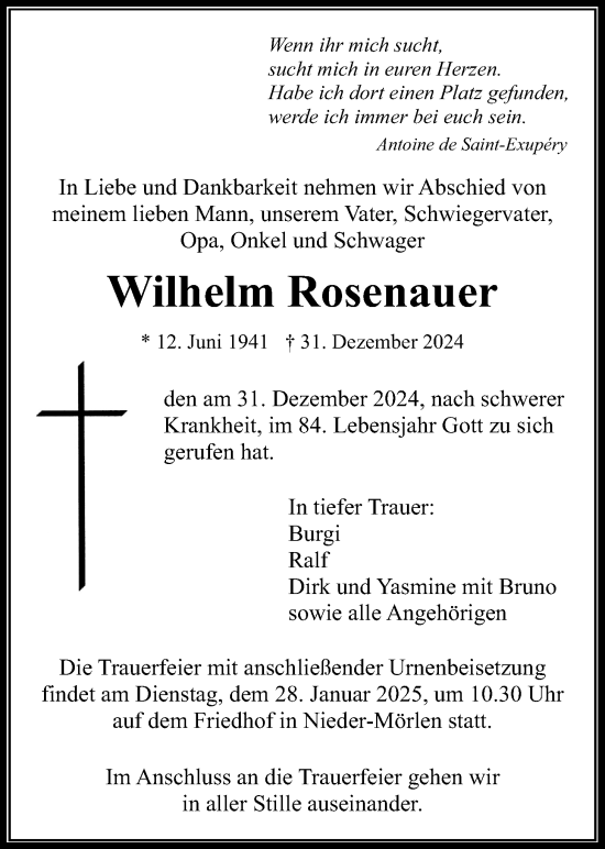 Traueranzeige von Wilhelm Rosenauer von Wetterauer Zeitung