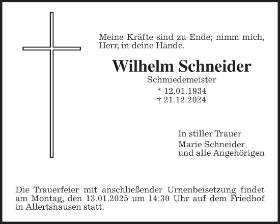 Traueranzeige von Wilhelm Schneider von Giessener Anzeiger, Giessener Allgemeine, Alsfelder Allgemeine