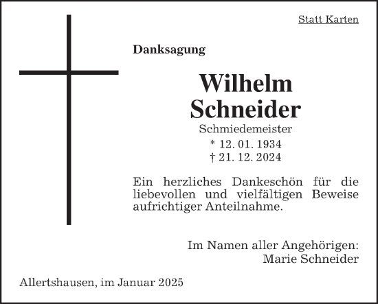 Traueranzeige von Wilhelm Schneider von Giessener Allgemeine, Alsfelder Allgemeine, Wetterauer Zeitung, Giessener Anzeiger