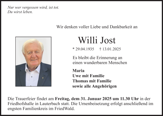 Traueranzeige von Willi Jost von Lauterbacher Anzeiger