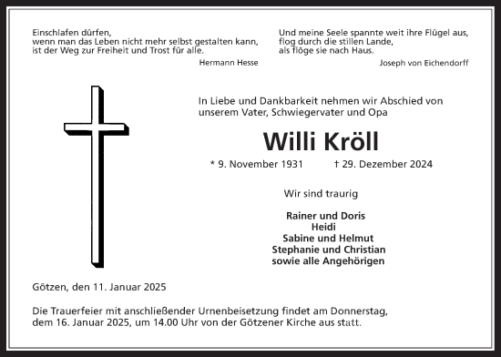 Traueranzeige von Willi Kröll von Kreis-Anzeiger