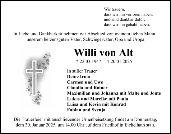Traueranzeige von Willi von Alt von Lauterbacher Anzeiger