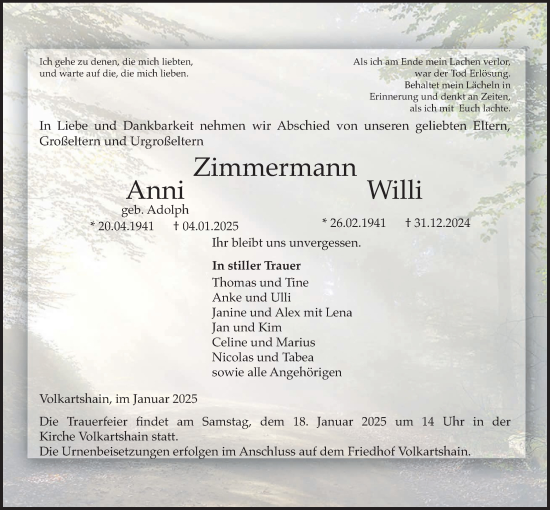 Traueranzeige von Willi Zimmermann von Kreis-Anzeiger