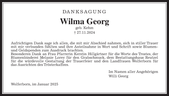 Traueranzeige von Wilma Georg von Kreis-Anzeiger