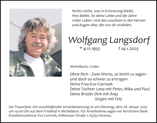 Traueranzeige von Wolfgang Langsdorf von Giessener Anzeiger