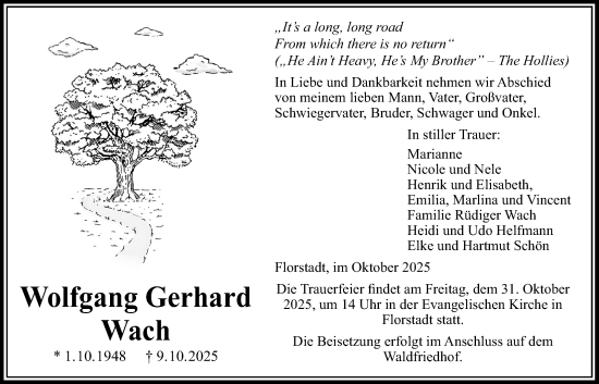 Traueranzeige von Wolfgang Gerhard Wach von Wetterauer Zeitung, Kreis-Anzeiger