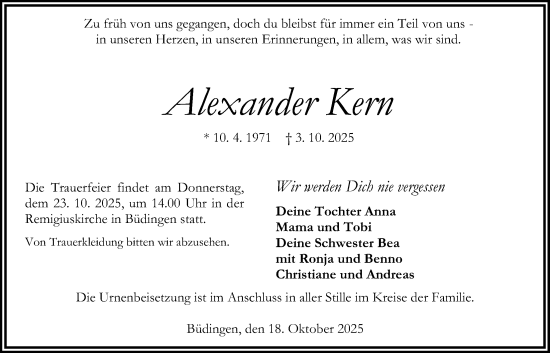 Traueranzeige von Alexander Kern von Kreis-Anzeiger