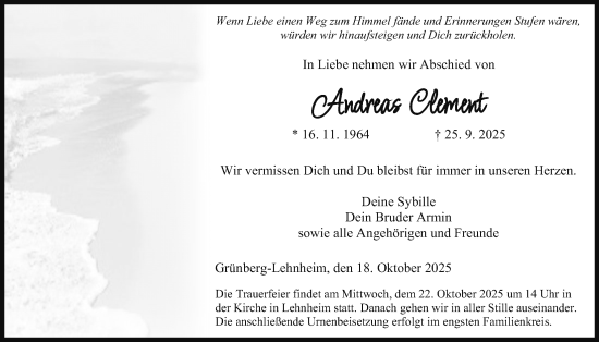 Traueranzeige von Andreas Clement von Giessener Anzeiger