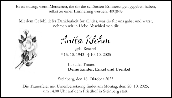 Traueranzeige von Anita Kleehm von Kreis-Anzeiger