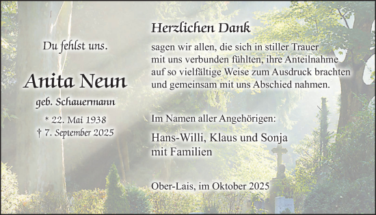 Traueranzeige von Anita Neun von Kreis-Anzeiger
