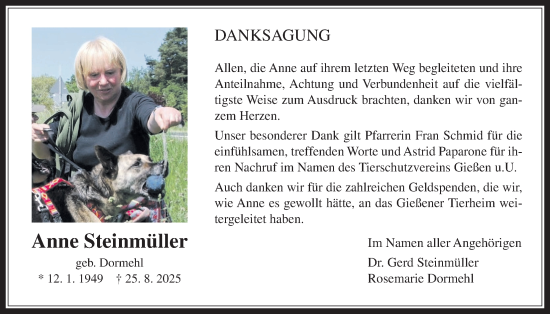 Traueranzeige von Anne Steinmüller von Giessener Allgemeine, Alsfelder Allgemeine, Giessener Anzeiger