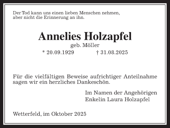 Traueranzeige von Annelies Holzapfel von Laubacher Anzeiger
