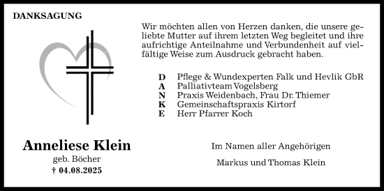 Traueranzeige von Anneliese Klein von Oberhessische Zeitung, 