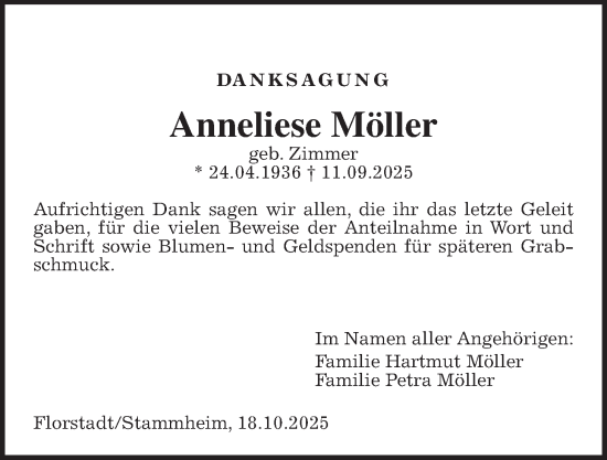 Traueranzeige von Anneliese Möller von Wetterauer Zeitung