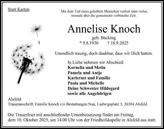 Traueranzeige von Annelise Knoch von Oberhessische Zeitung