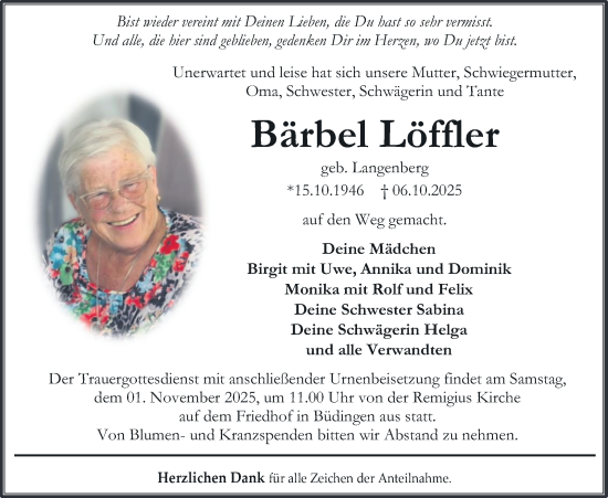 Traueranzeige von Bärbel Löffler von Kreis-Anzeiger