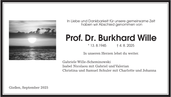 Traueranzeige von Burkhard Wille von Giessener Allgemeine, Alsfelder Allgemeine