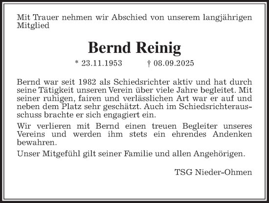 Traueranzeige von Bernd Reinig von Mücker Stimme