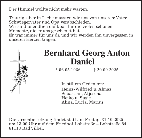 Traueranzeige von Bernhard Georg Anton Daniel von Bad Vilbel/Karben