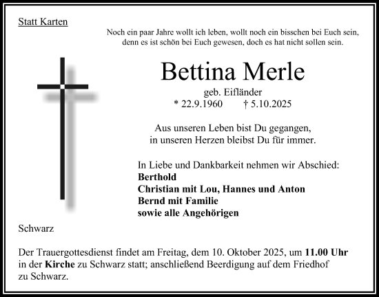 Traueranzeige von Bettina Merle von Oberhessische Zeitung