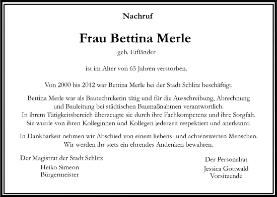 Traueranzeige von Bettina Merle von Oberhessische Zeitung