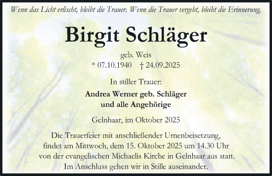 Traueranzeige von Birgit Schläger von Kreis-Anzeiger