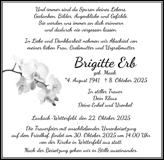 Traueranzeige von Brigitte Erb von Laubacher Anzeiger