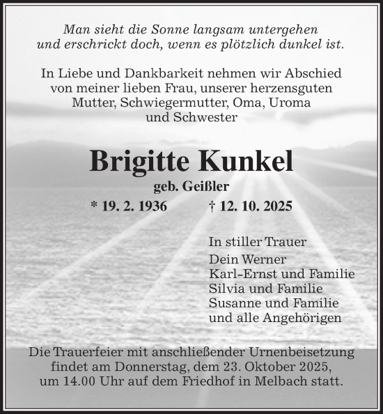 Traueranzeige von Brigitte Kunkel von Wetterauer Zeitung