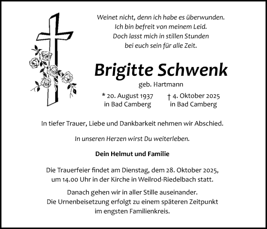 Traueranzeige von Brigitte Schwenk von Usinger Anzeigenblatt