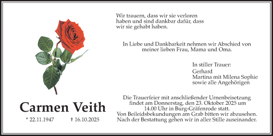 Traueranzeige von Carmen Veith von Wetterauer Zeitung
