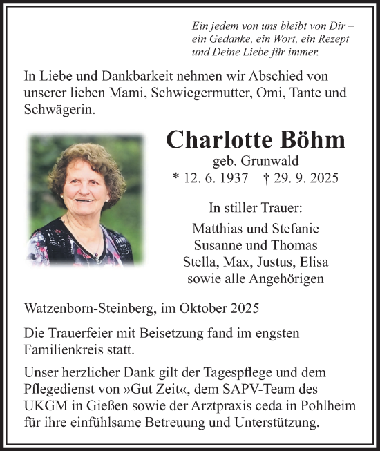 Traueranzeige von Charlotte Böhm von Pohlheimer Nachrichten