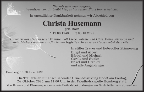 Traueranzeige von Christa Husemann von Oberhessische Zeitung, Alsfelder Allgemeine