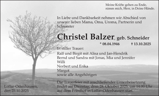 Traueranzeige von Christel Balzer von Giessener Allgemeine, Alsfelder Allgemeine